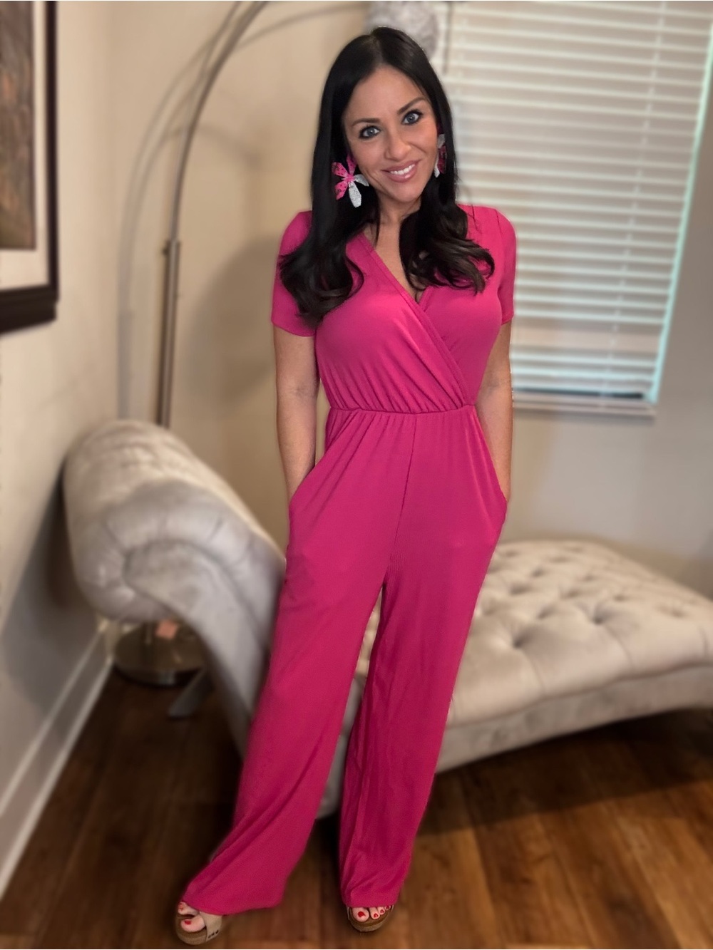 White Birch XL Hot Pink Short-Sleeve Wrap Jumpsuit